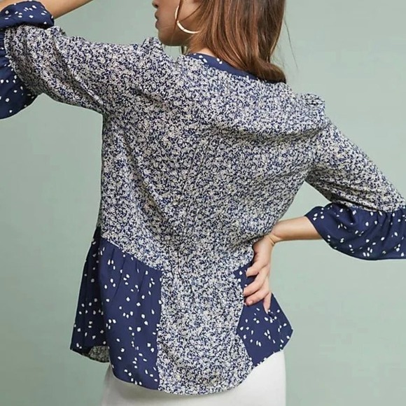 ANTHROPOLOGIE Maeve NAVY BLUE HIVER LACE BIB BLOUSE Size 6 - Picture 3 of 9
